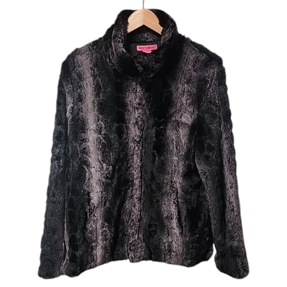 BETSEY JOHNSON Faux Fur Jacket L Super Soft Teddy Black Gray Animal Fuzzy Soft - Picture 9 of 10